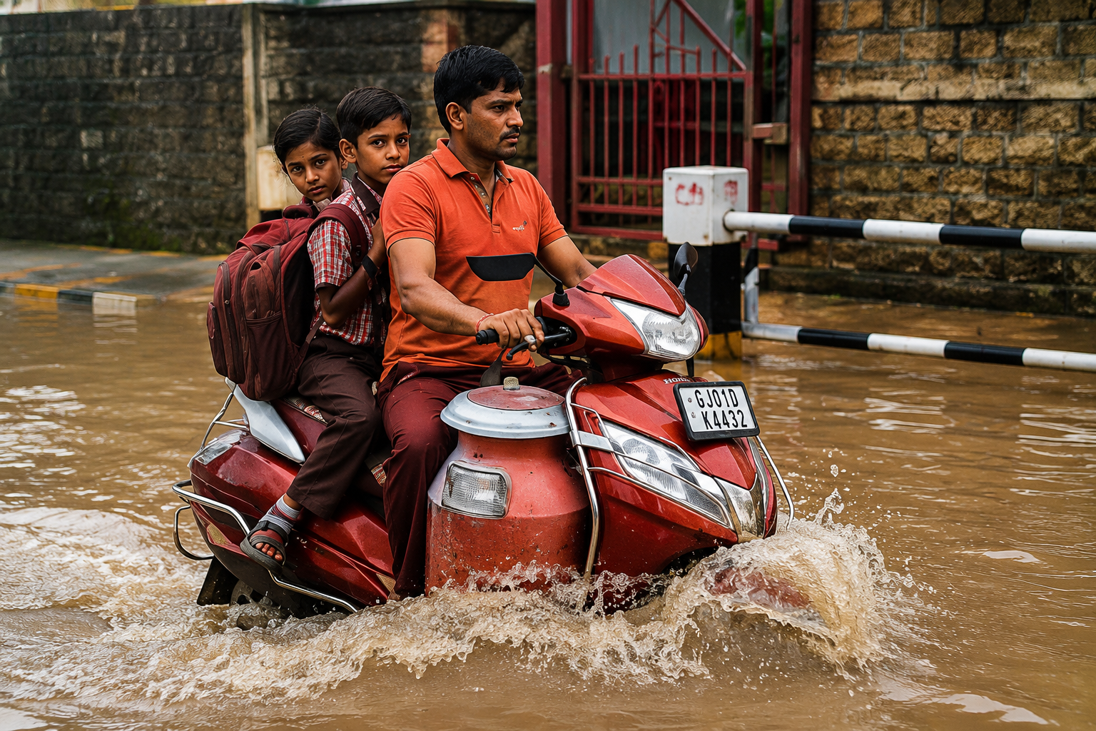 A man rides a red scooter through a flooded street with a young child sitting behind him.